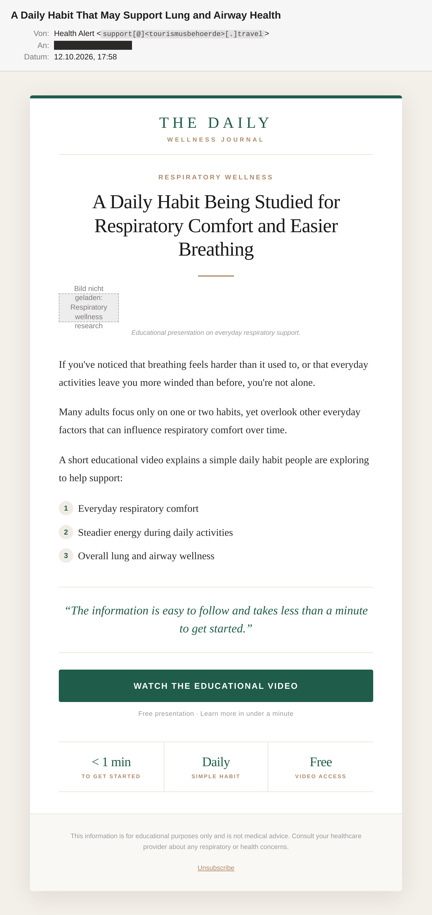 Die Spam-Mail im Mailclient: Absender Health Alert mit redigierter Adresse, Betreff „A Daily Habit That May Support Lung and Airway Health“. Zu sehen sind der Kopf „The Daily - Wellness Journal“, eine Überschrift über leichteres Atmen, drei nummerierte Vorteile, ein Zitat, der grüne Button „Watch the Educational Video“ und ein Unsubscribe-Link. Das Bild im Kopf wird als Platzhalter angezeigt, die Empfängeradresse ist unkenntlich gemacht.