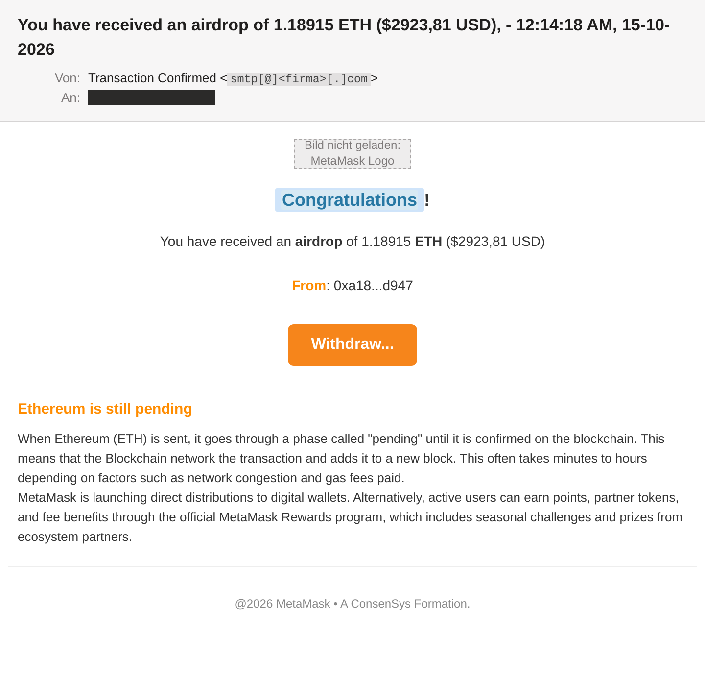 Die Phishing-Mail im Mailclient: Absender „Transaction Confirmed“, Betreff „You have received an airdrop of 1.18915 ETH ($2923,81 USD)“ mit Uhrzeit. Zu sehen sind ein Platzhalter für das blockierte MetaMask-Logo, ein blau hinterlegtes „Congratulations!“, der Betrag, die gekürzte Absenderadresse 0xa18...d947, ein oranger Button „Withdraw...“ und der Footer „@2026 MetaMask • A ConsenSys Formation“. Empfängeradresse und Absenderdomain sind unkenntlich gemacht.