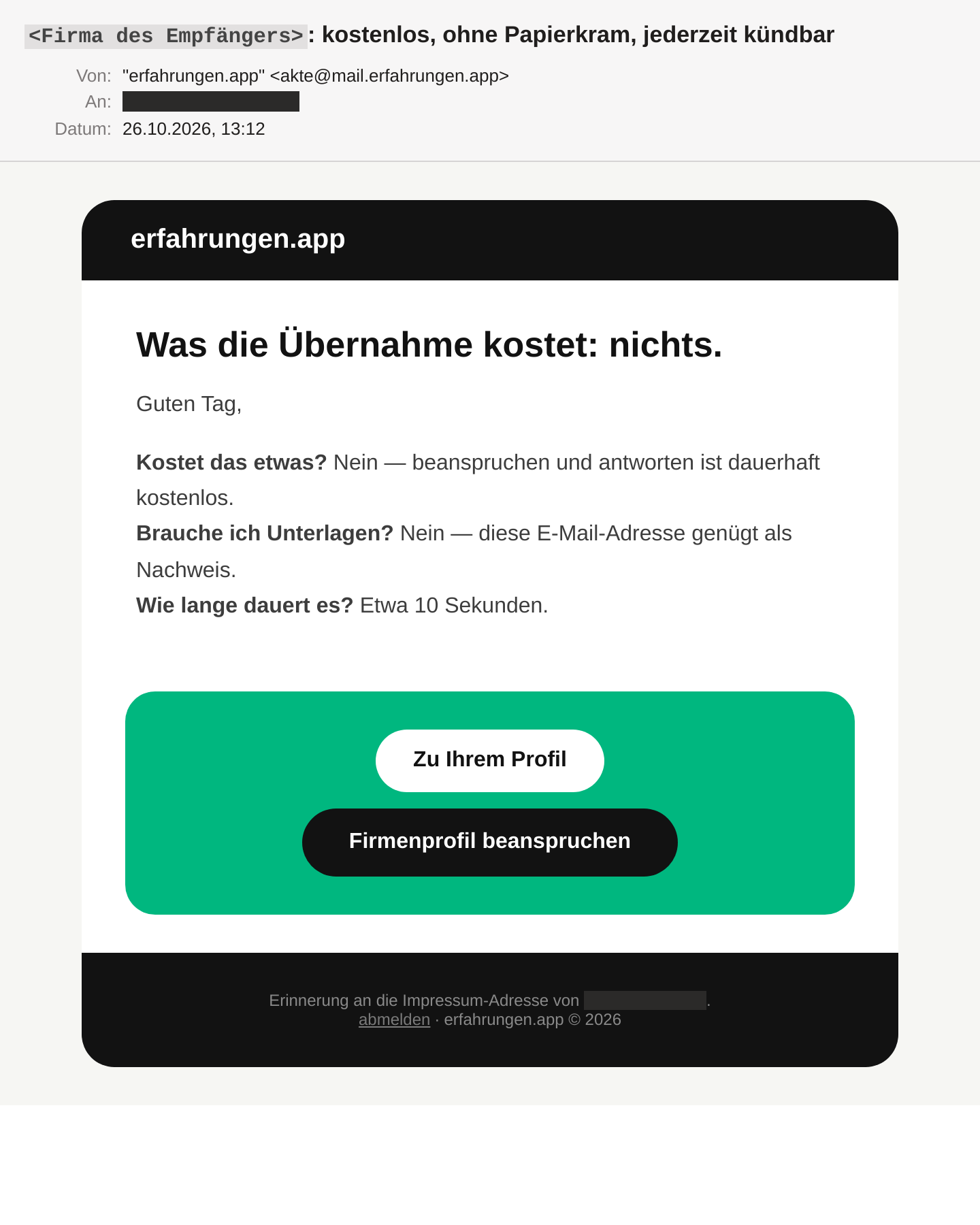 Die Spam-Mail im Mailclient: Absender erfahrungen.app mit der Adresse akte auf mail.erfahrungen.app, Betreff „Firma des Empfängers: kostenlos, ohne Papierkram, jederzeit kündbar“. Darunter ein schwarz-weißer Kasten mit der Überschrift „Was die Übernahme kostet: nichts.“, drei Fragen und Antworten zu Kosten, Unterlagen und Dauer sowie zwei Buttons „Zu Ihrem Profil“ und „Firmenprofil beanspruchen“ auf grünem Grund. Im Footer der Hinweis „Erinnerung an die Impressum-Adresse von“ und ein Abmelde-Link. Firmenname und Empfängeradresse sind unkenntlich gemacht.